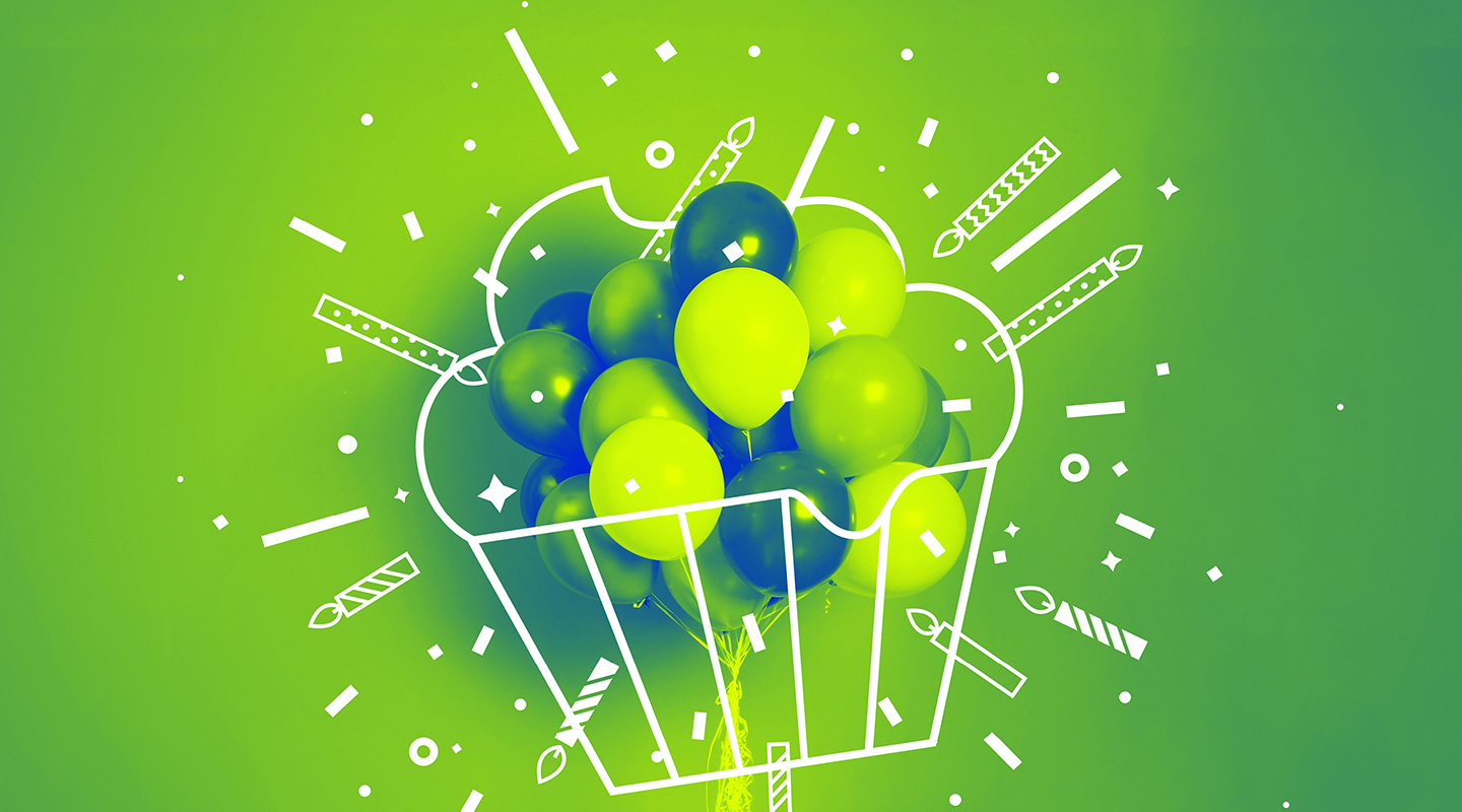 Photo illustration of birthday balloons with exploding candles and confetti