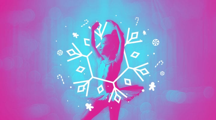 Photo illustration of a young, Asian girl ballerina with a snowflake and dancing candies