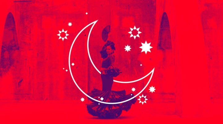 Photo illustration of a flamenco dancer with a fan with a moon and Spanish-tile-inspired stars