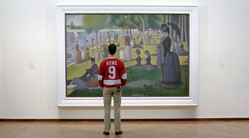The character of Cameron from "Ferris Bueller's Day Off" looks into a painting by Georges Seurat.