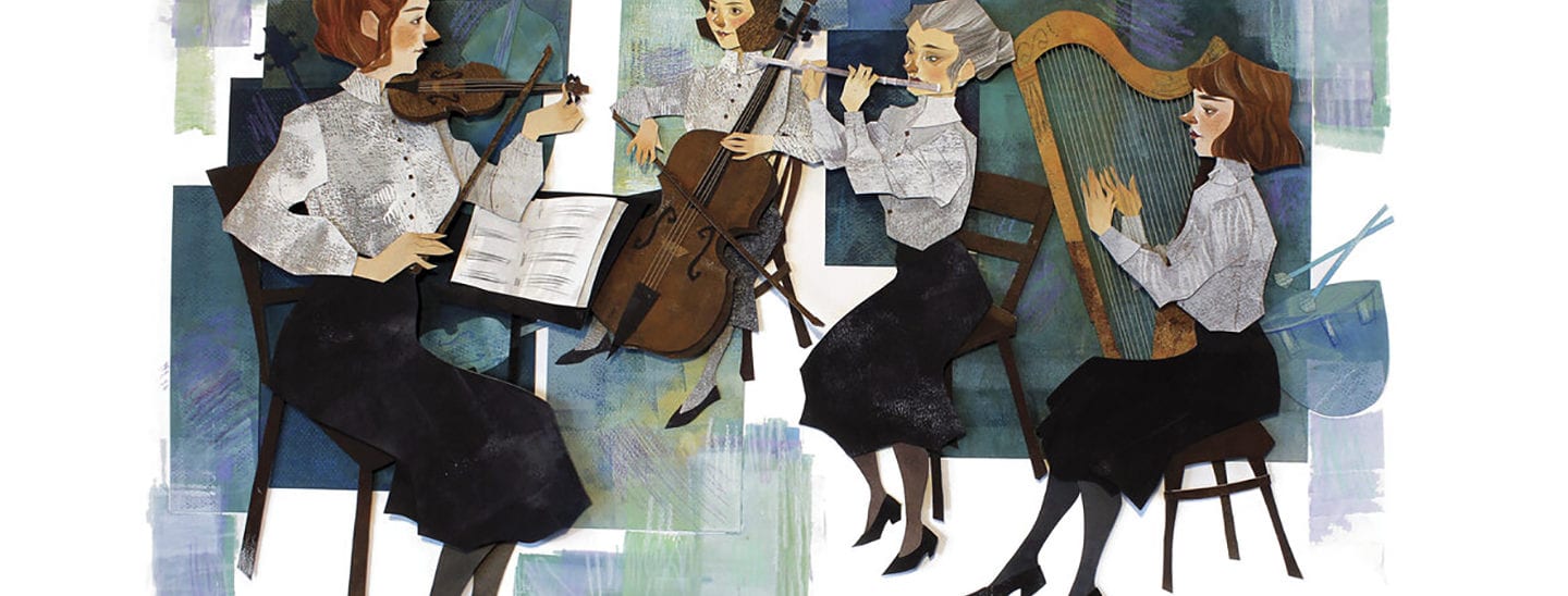 Cut-paper illustration of four female musicians