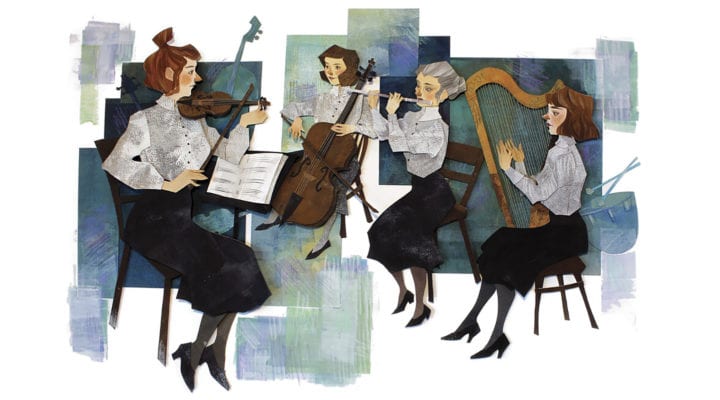 Cut-paper illustration of four female musicians