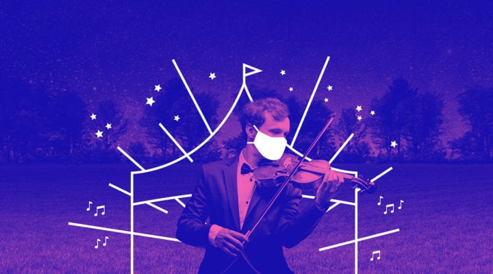 Photo of a man playing violin wearing an illustrated mask in front of an illustrated tent with stars