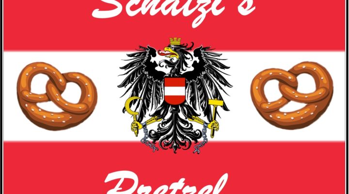 Schatzi's Pretzels logo - two pretzels and a coat of arms on top of a red & white flag