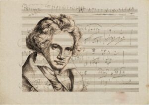Ludwig van Beethoven's artistic, pencil rendering over sheet music