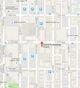 A map of designated street parking spots around Central Presbyterian Church (venue of the DPO)