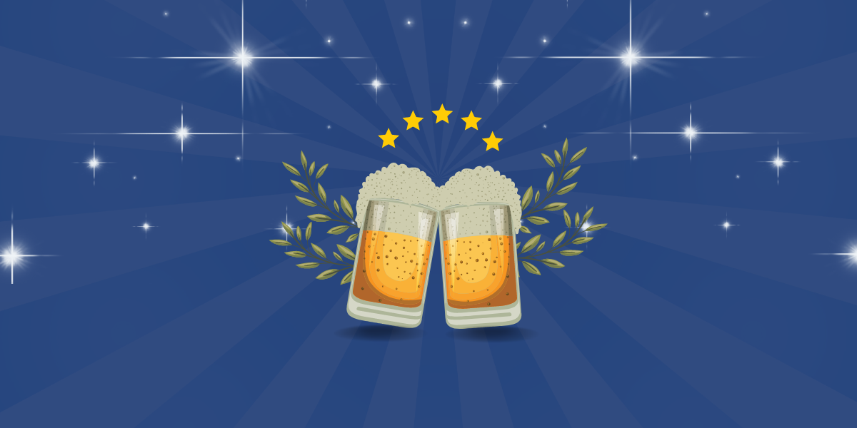 Two clinking glasses full of beer in front of a blue starburst background with a semi-circle of gold stars above it