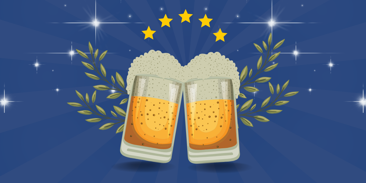 Two clinking glasses full of beer in front of a blue starburst background with a semi-circle of gold stars above it