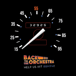 A stylized speedometer inspired by Back to the Future, with a needle pointing at approximately 3 mph. The numbers on the dial range from 15 to 95, with "55" highlighted in orange. Below the speedometer, the text "Back to the Orchestra" is displayed in a retro font mimicking the Back to the Future logo, with an arrow and gradient colors. Beneath this, the phrase "Help us hit 88MPH!" encourages support, referencing the famous time-travel speed from the movie. The background is black, making the elements stand out clearly.
