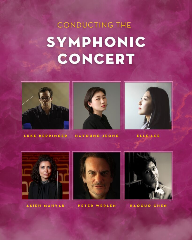 Promotional graphic for DPO’s symphonic concert featuring six conductors. A textured pink and purple background displays two rows of portraits labeled with conductor names: Luke Berringer, Hayoung Jeong, Elle Lee (top row); Asieh Mahyar, Peter Werlen, Haoguo Chen (bottom row). Title at the top reads “Conducting the Symphonic Concert.”
